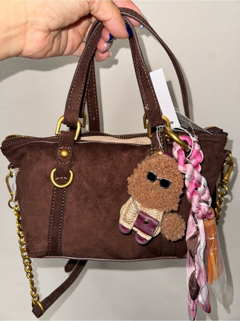 Brown Suede Women’s Mini Satchel Bag with Pink Braided Charm